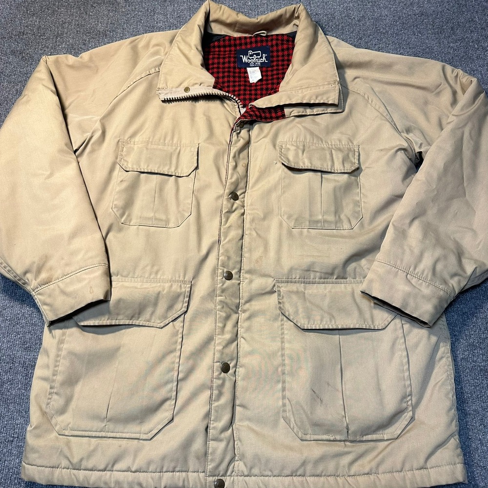 Woolrich Mens Tan Field Jacket Plaid Lined Utility Barn Coat Made in USA Large